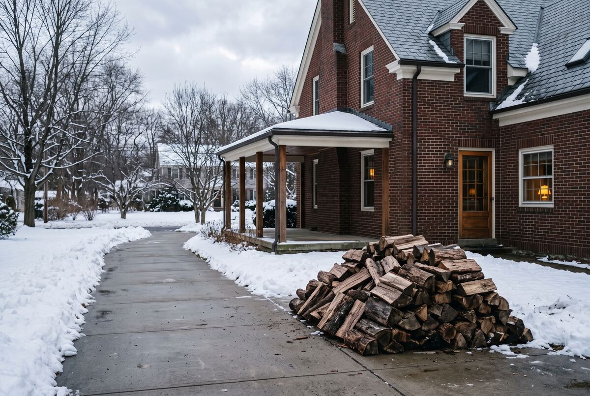 A freshly delivered load of split firewood piled at the end of a shovelled driveway beside a brick Cleveland colonial on a winter afternoon