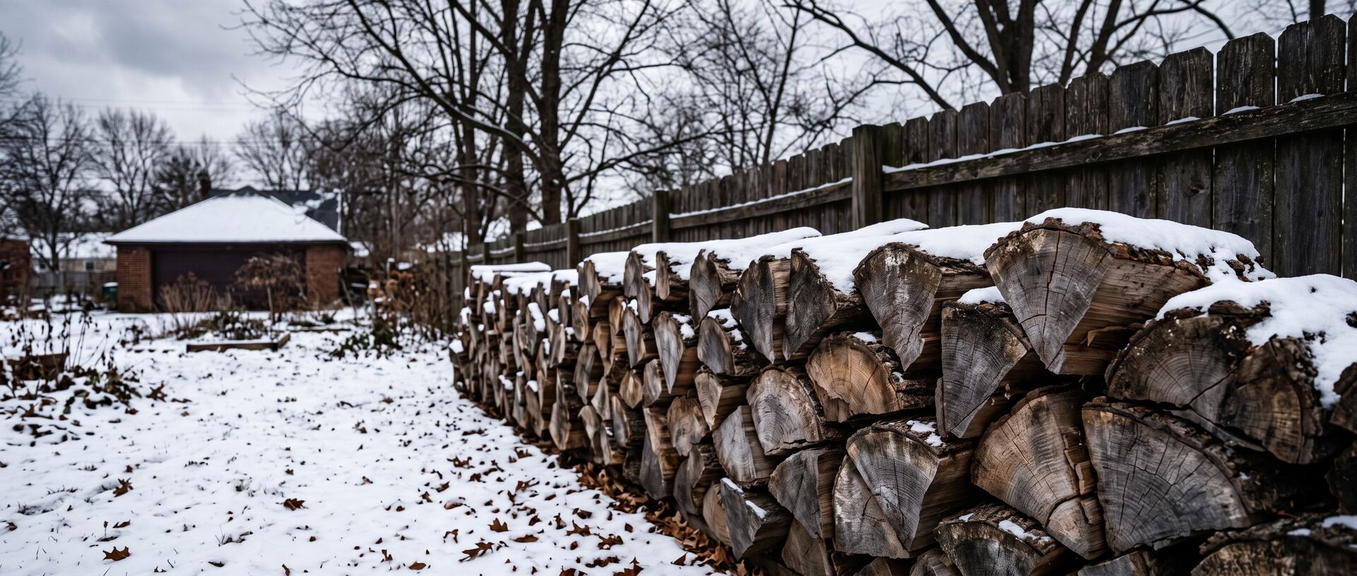 A long rick of split seasoned hardwood stacked against a weathered fence in a snowy Cleveland backyard under flat lake-effect winter light