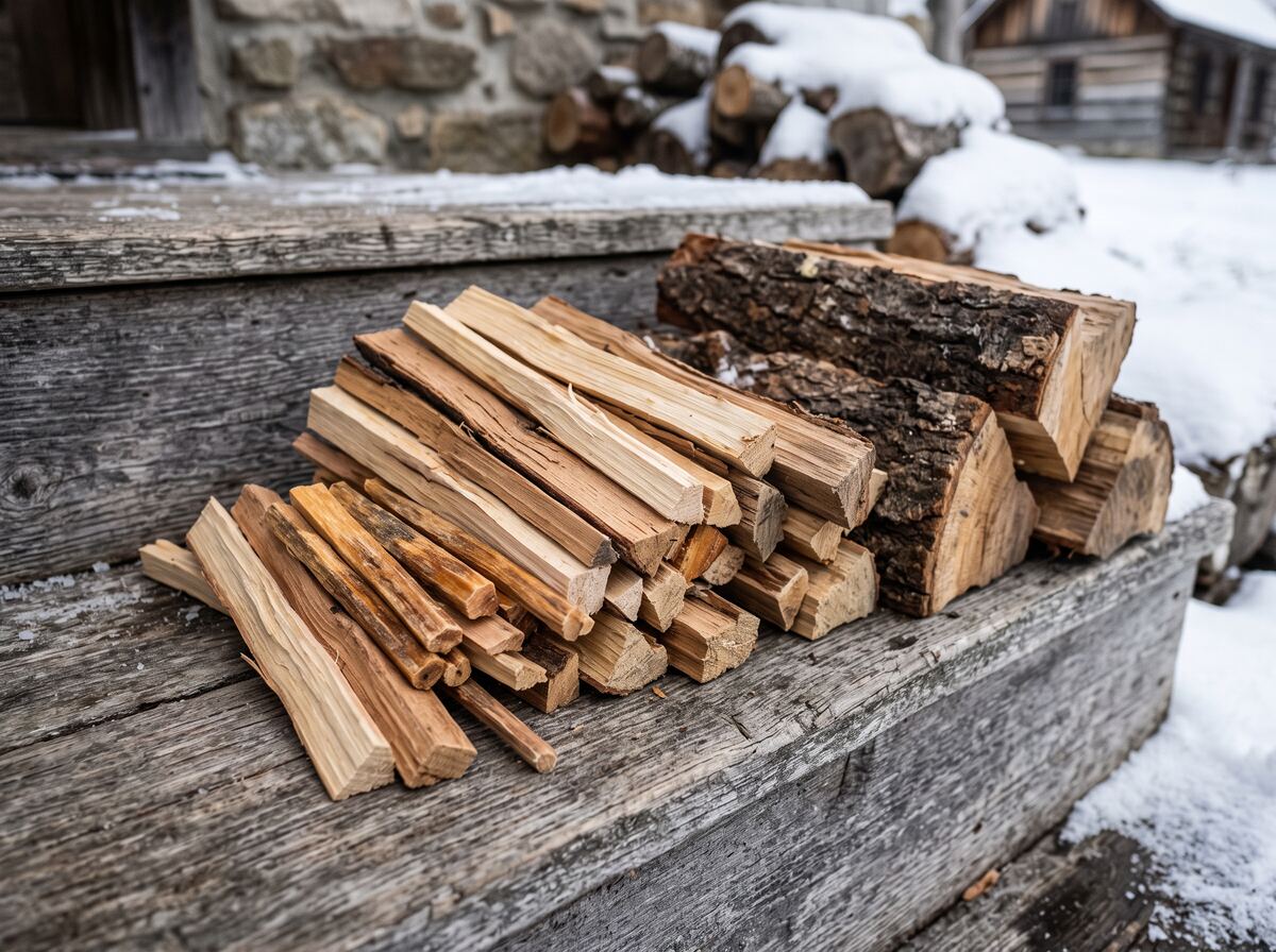 A fan of thin dry kindling sticks on a weathered wooden step beside larger split hardwood with snow at the edges