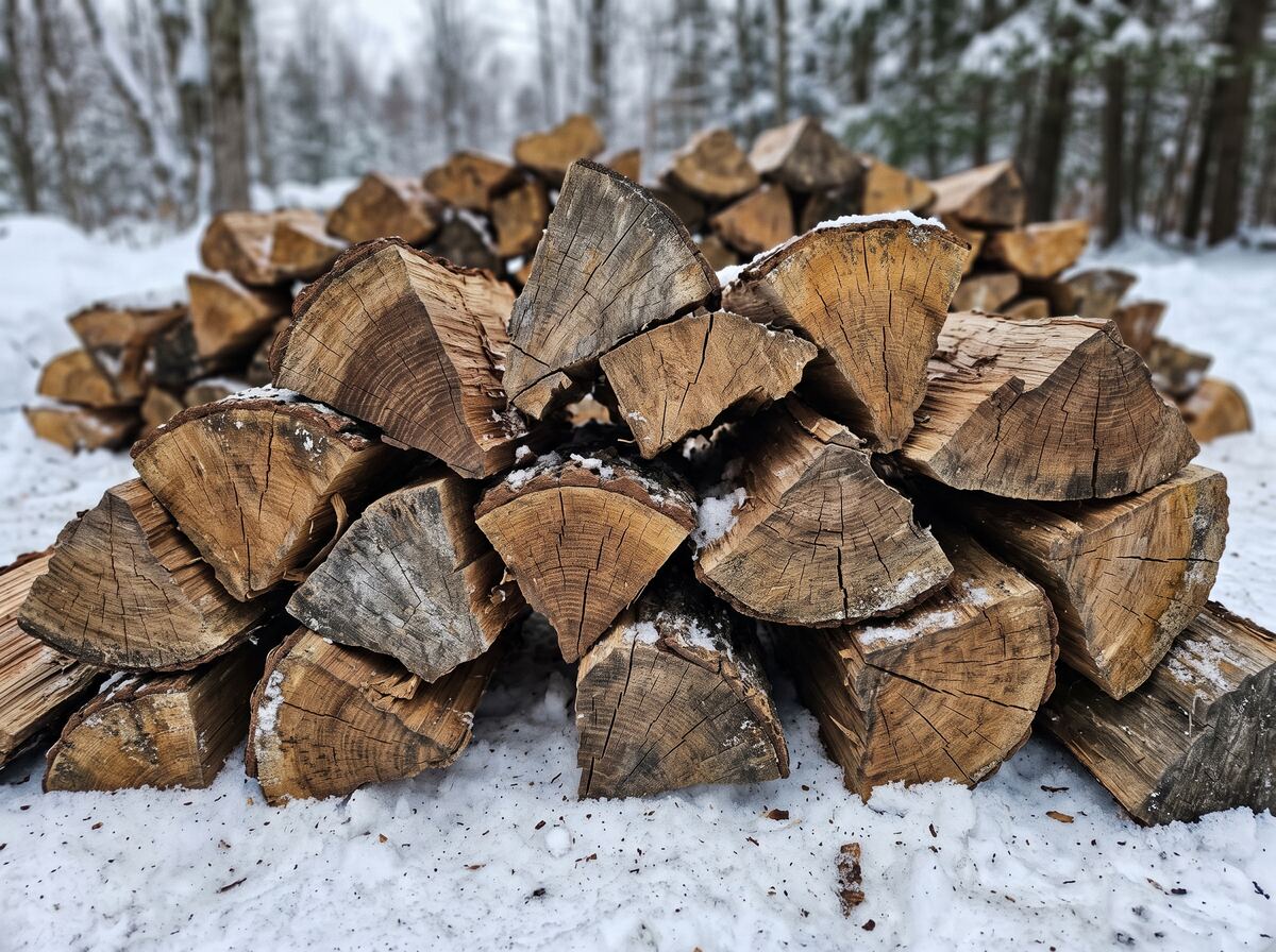 A loose pile of mixed split hardwood firewood on packed snow, cut ends showing dry seasoning checks