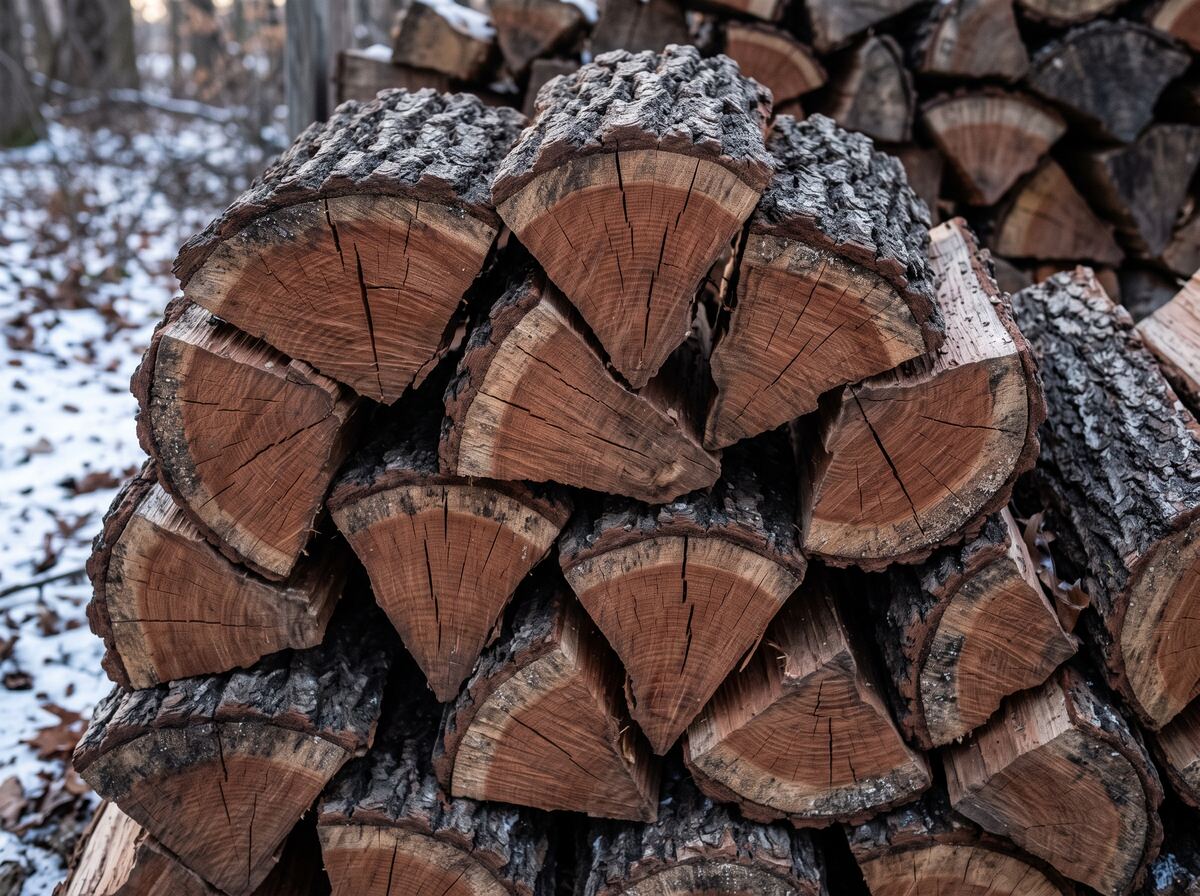 Split seasoned red oak firewood with dark furrowed bark and reddish-brown end grain full of radial seasoning cracks